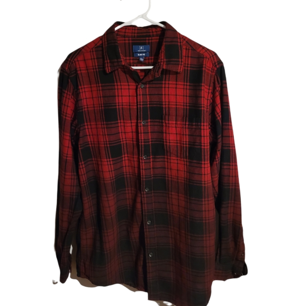 Men's George Slim Fit, Red and Black Plaid, Faded, Long Sleeves, Button Shirt
